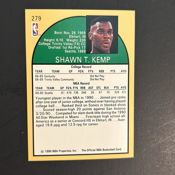 🏀⭐️ROOKIE. Shawn Kemp. Rookie of the YR. 1990 NBA HOOPS. Card 279. Mint - Picture 2 of 2